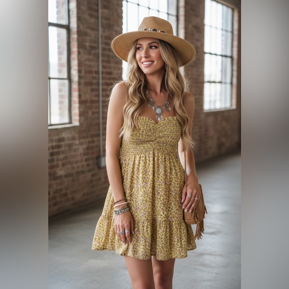 Dresses & Skirts - Saints and Heart Ditsy Floral Print Boho Smocked Summer Yellow Mini Dress